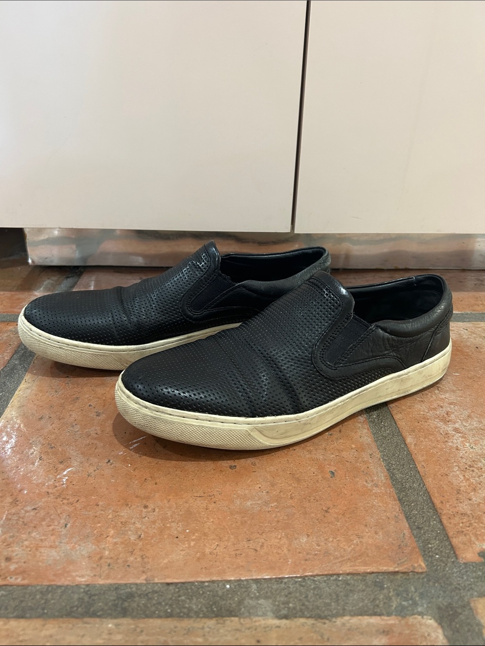 Vince Black Perforated Leather Slip-On Sneakers with White Sole